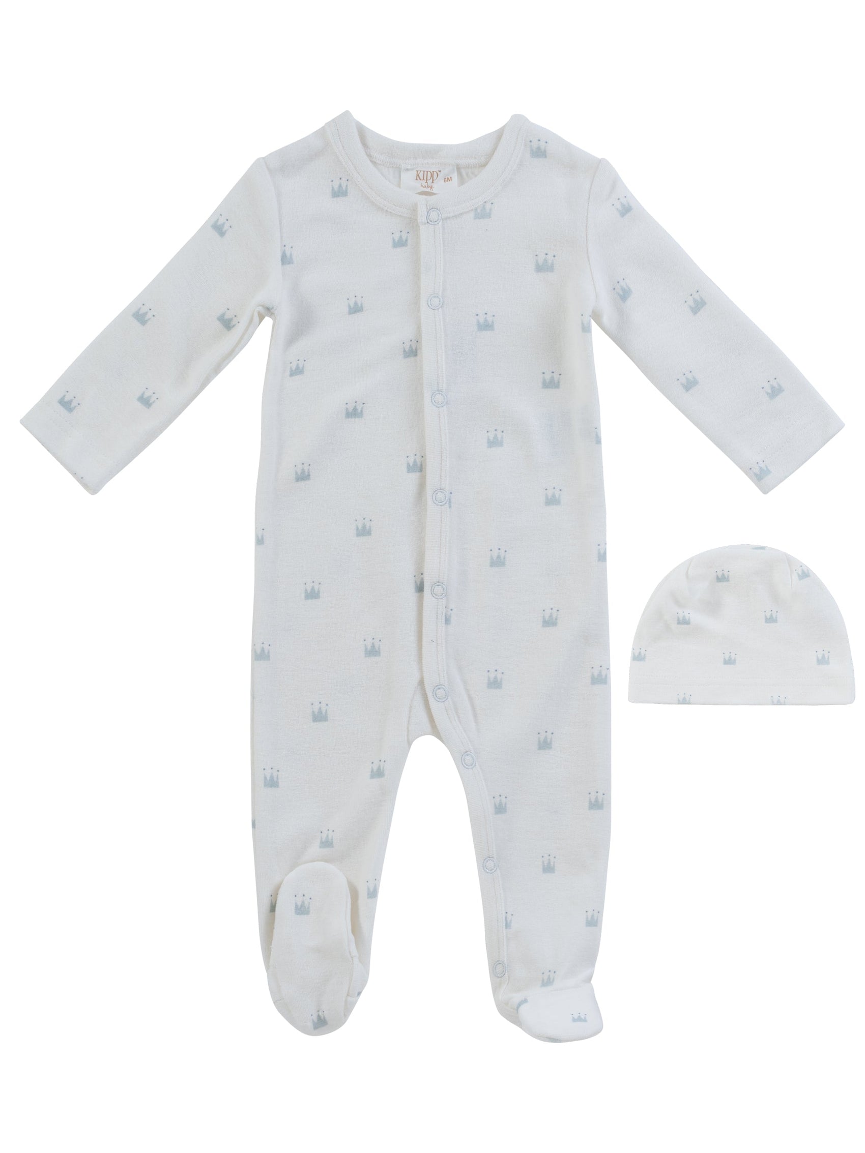 Little Crown Pattern Terry Footie + Hat - Blue