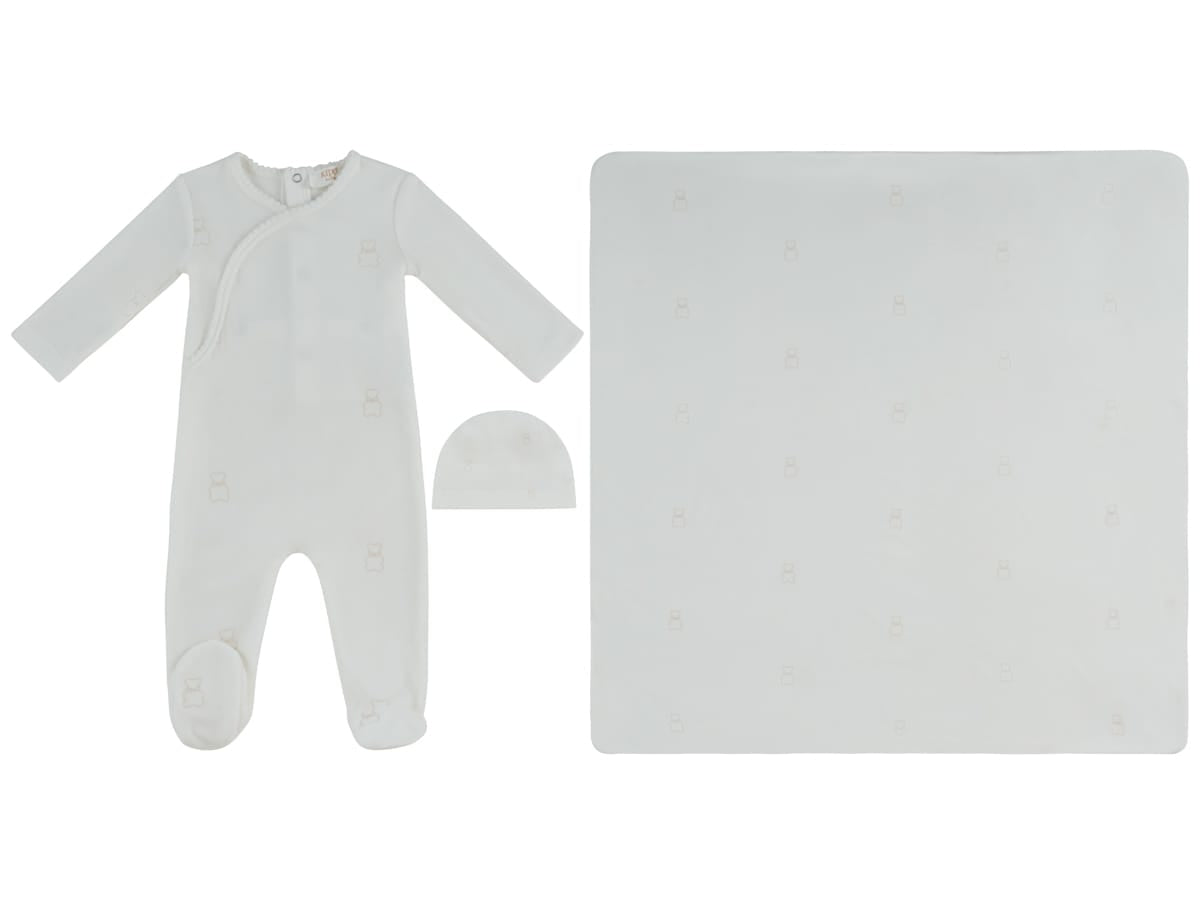 Petit Ours Pattern Footie, Hat & Blanket Set - Stone