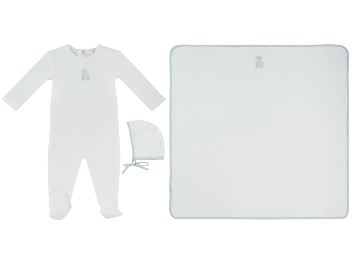 Petit Ours Footie, Hat and Blanket Set - White Blue