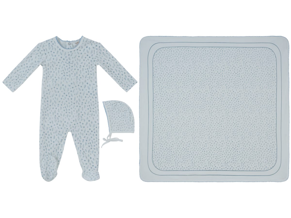 Whispering Blooms Footie, Hat & Blanket Set - Dark Blue