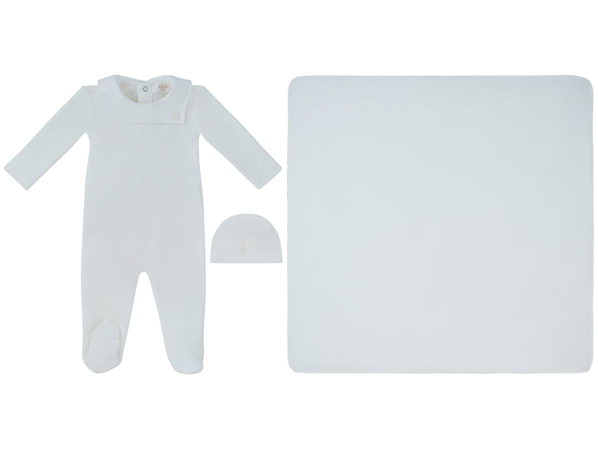 Classic Bib Footie, Hat & Blanket Set - White