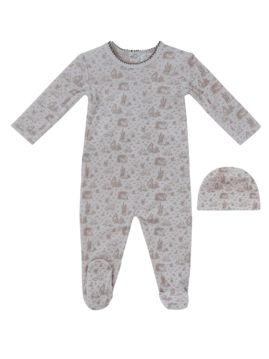 Woodland Toile Footie & Hat Set - Taupe