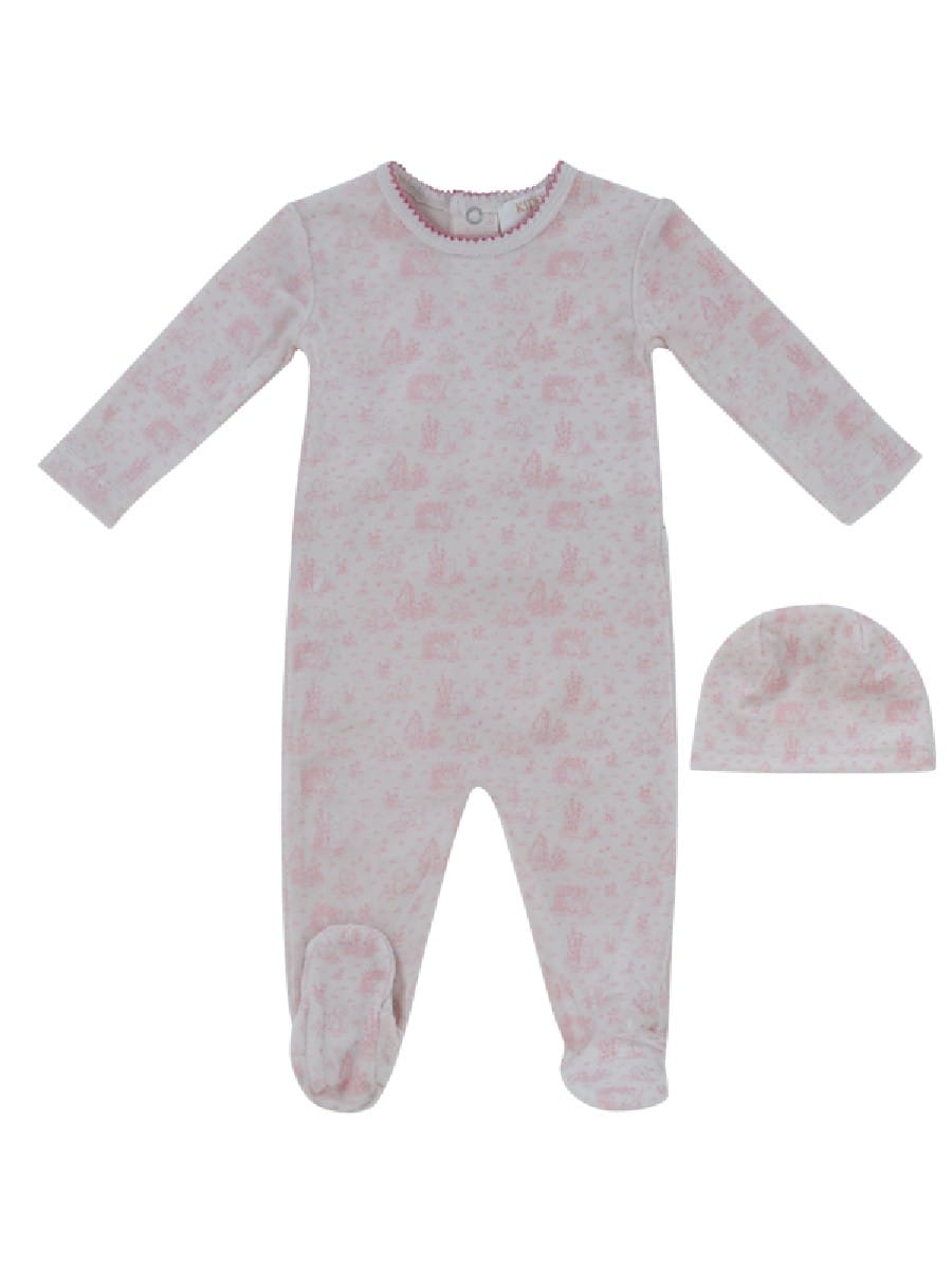 Woodland Toile Footie & Hat Set - Rose