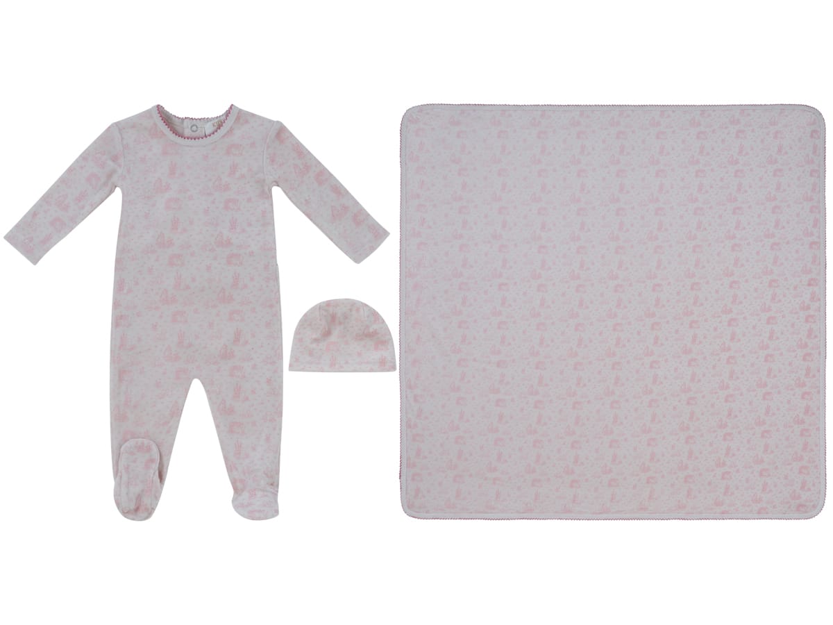 Woodland Toile Footie, Hat & Blanket Set - Rose