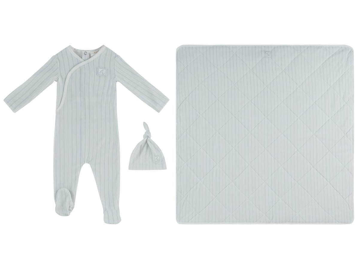 Stripe Stamp Footie, Hat & Blanket Set - Blue