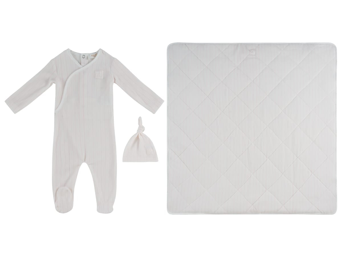 Stripe Stamp Footie, Hat & Blanket Set - Pink
