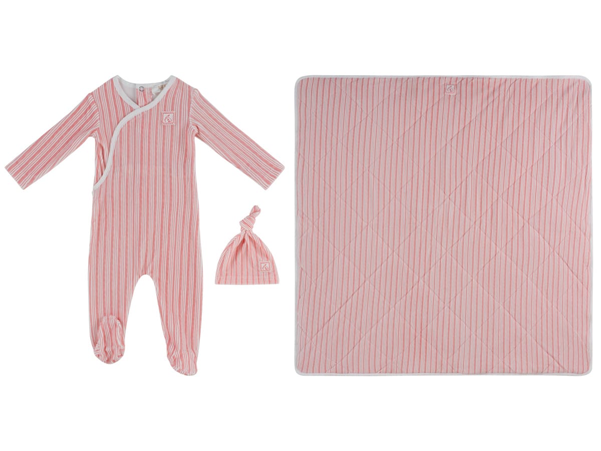Stripe Stamp Footie, Hat & Blanket Set - Red