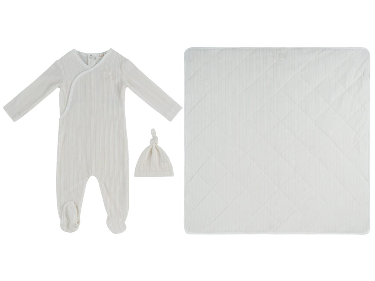 Stripe Stamp Footie, Hat & Blanket Set - Stone