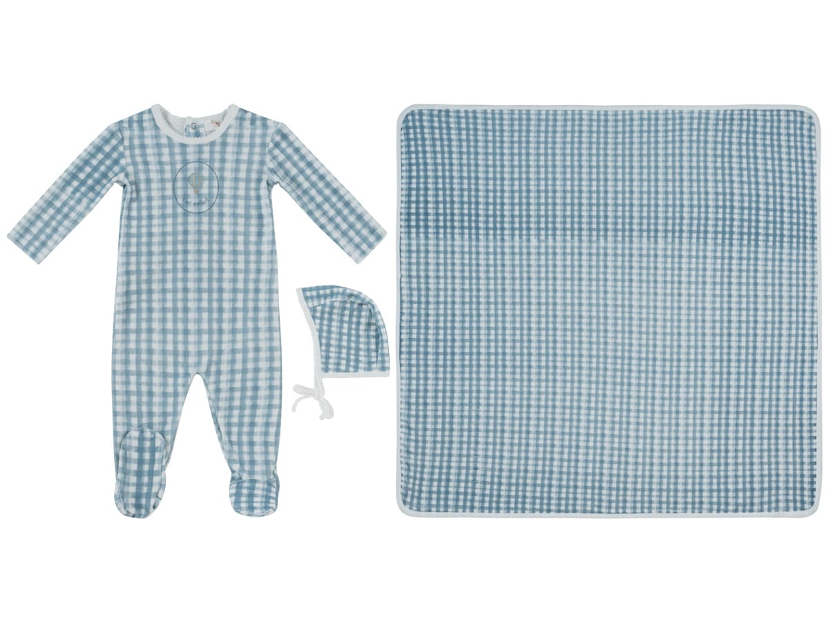 Ciel Enfant Gingham Footie, Hat & Blanket Set - Blue