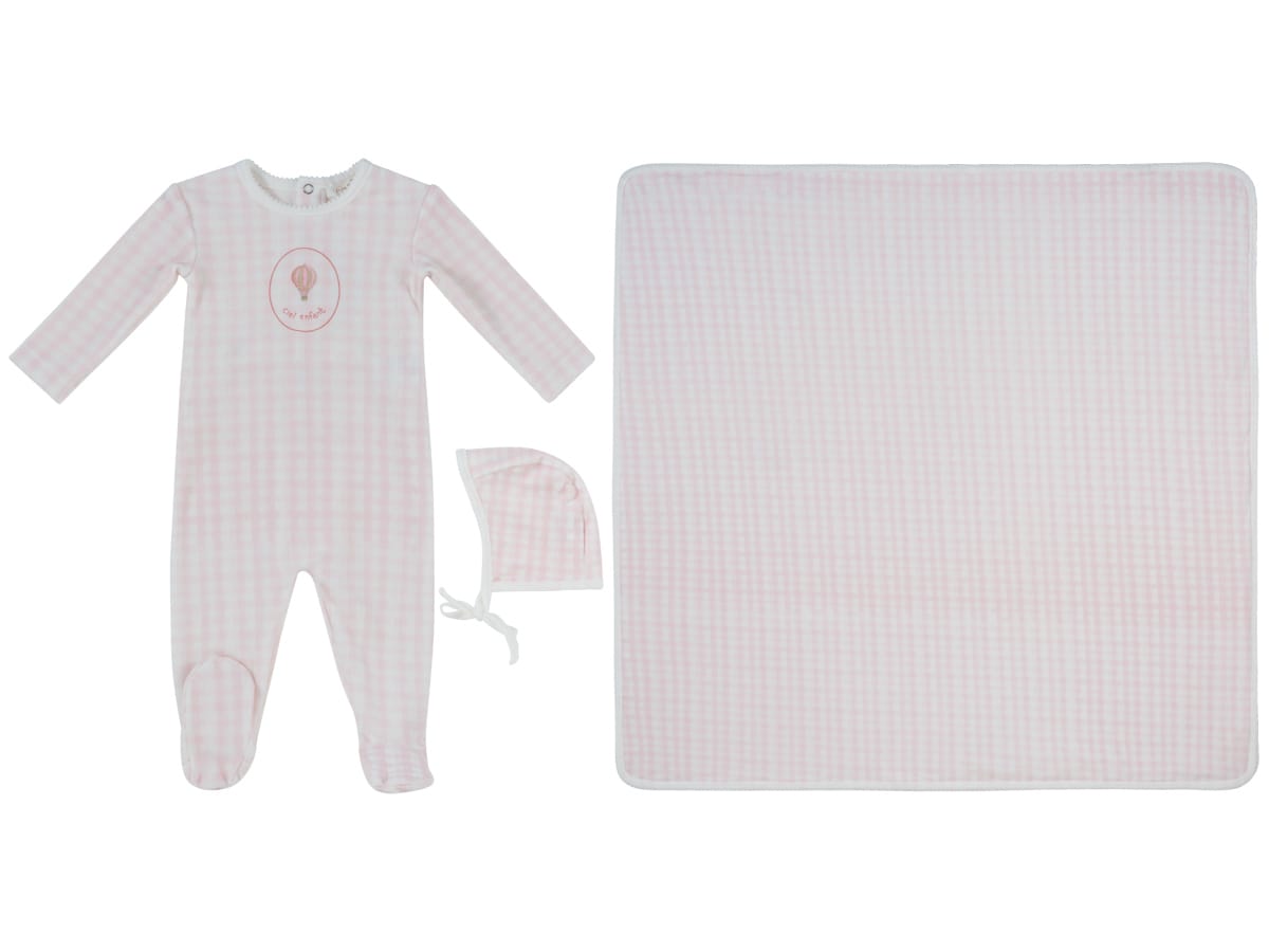 Ciel Enfant Gingham Footie, Hat & Blanket Set - Pink