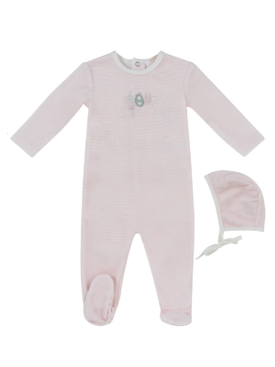 Bunny Stripe Footie & Hat Set - Pink