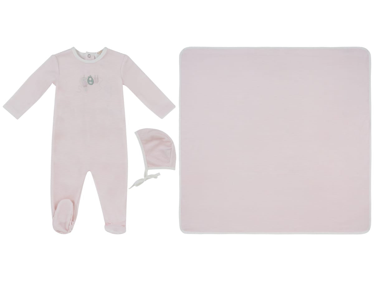 Bunny Stripe Footie, Hat & Blanket Set - Pink