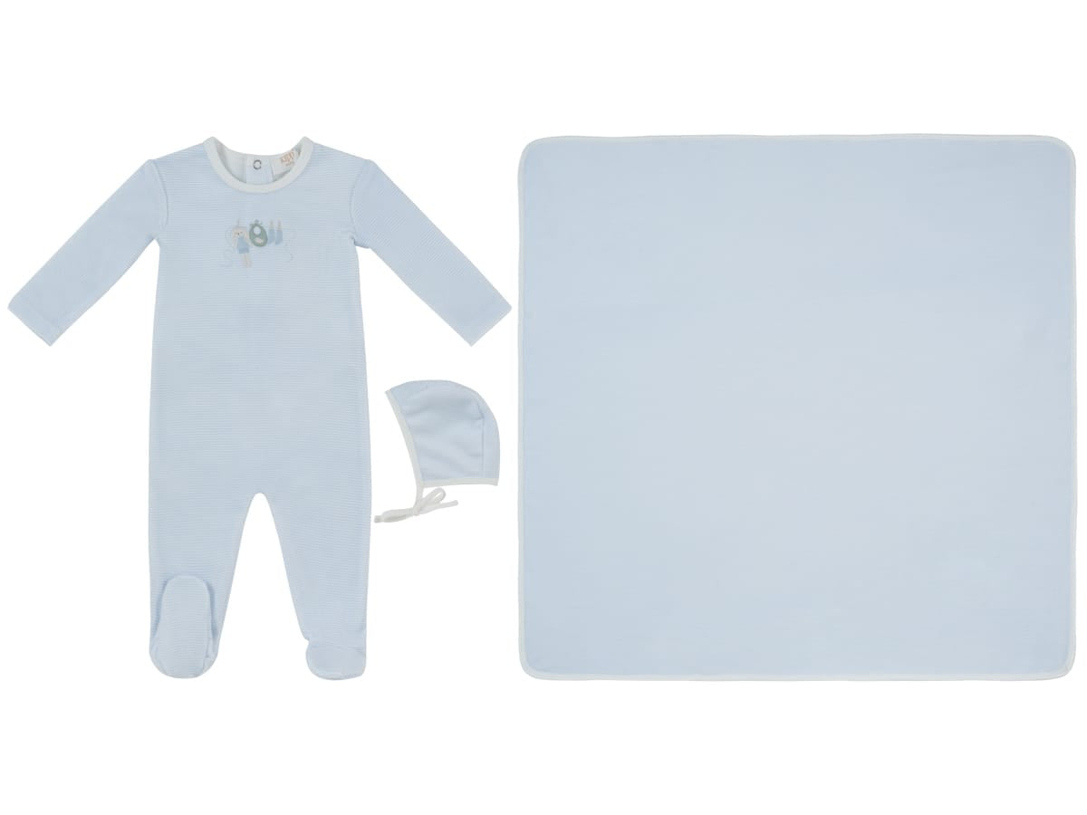 Bunny Stripe Footie, Hat & Blanket Set - Blue