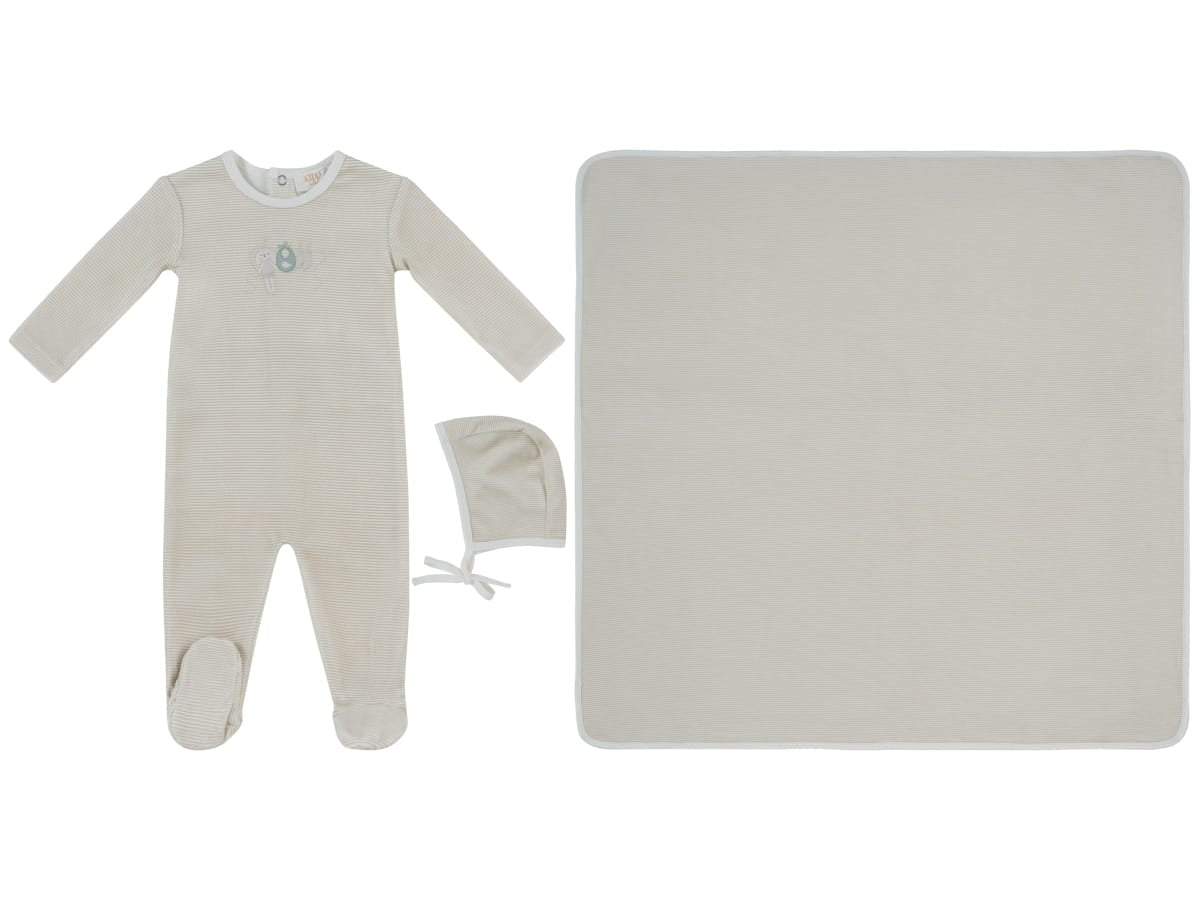 Bunny Stripe Footie, Hat & Blanket Set - Stone