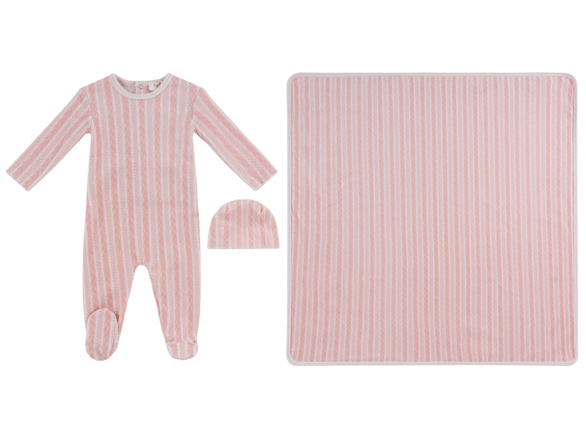 Atelier Cable Footie, Hat & Blanket Set - Pink