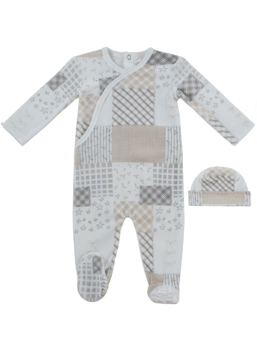 Patchwork Footie & Hat Set - Stone
