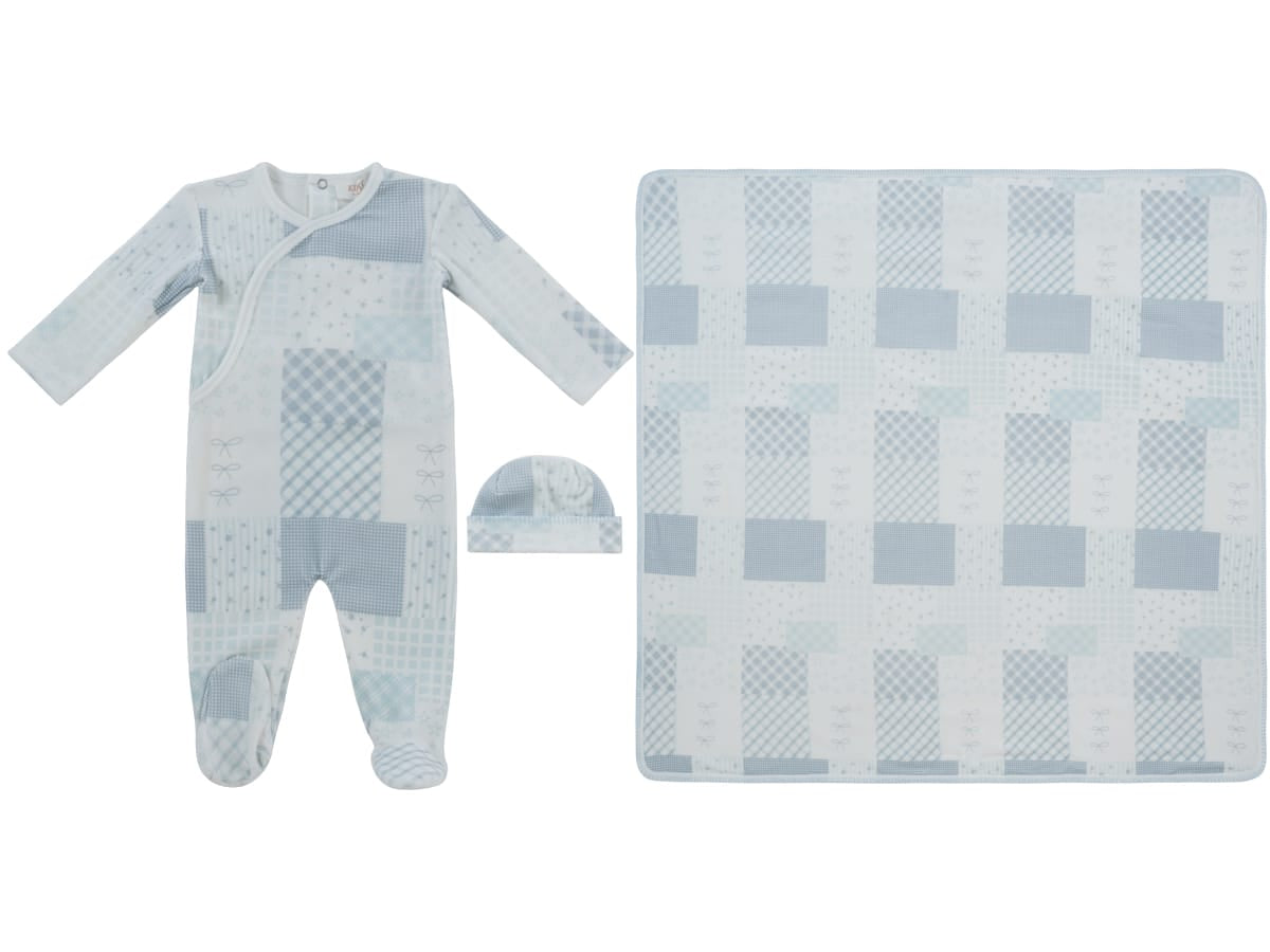 Patchwork Footie, Hat & Blanket Set - Blue
