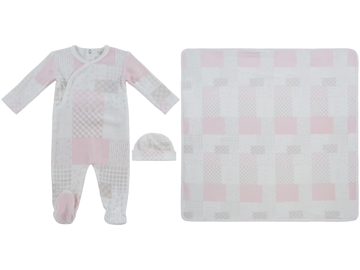 Patchwork Footie, Hat & Blanket Set - Pink