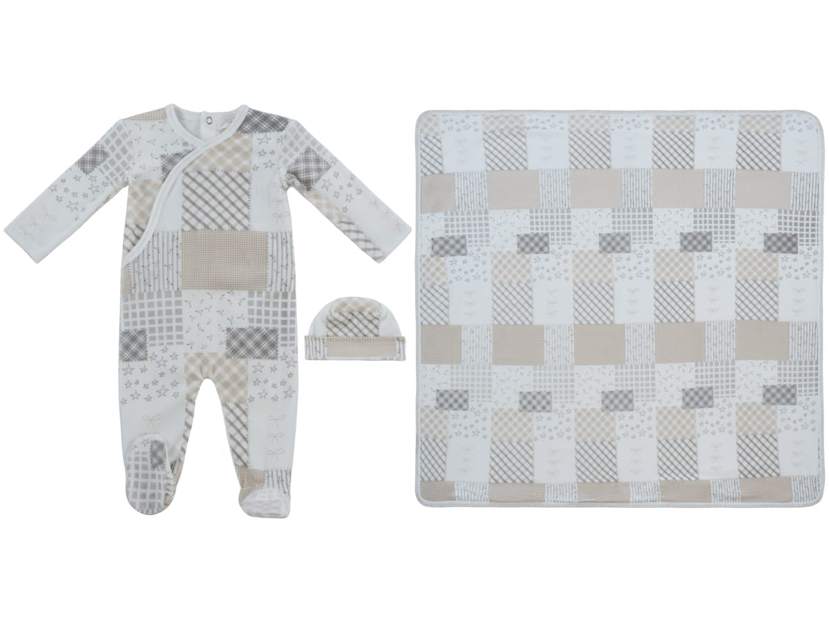 Patchwork Footie, Hat & Blanket Set - Stone