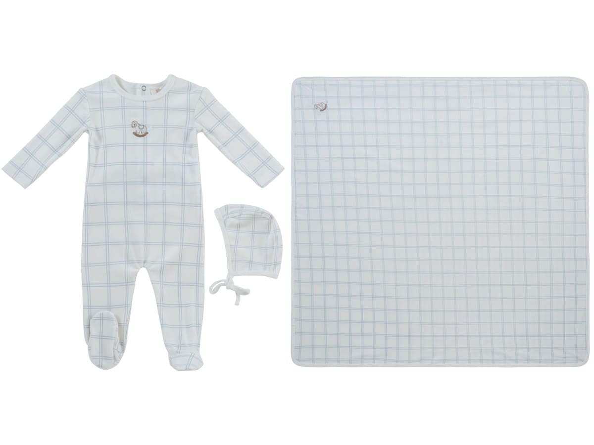Whinny Plaid Footie, Hat & Blanket Set - Blue