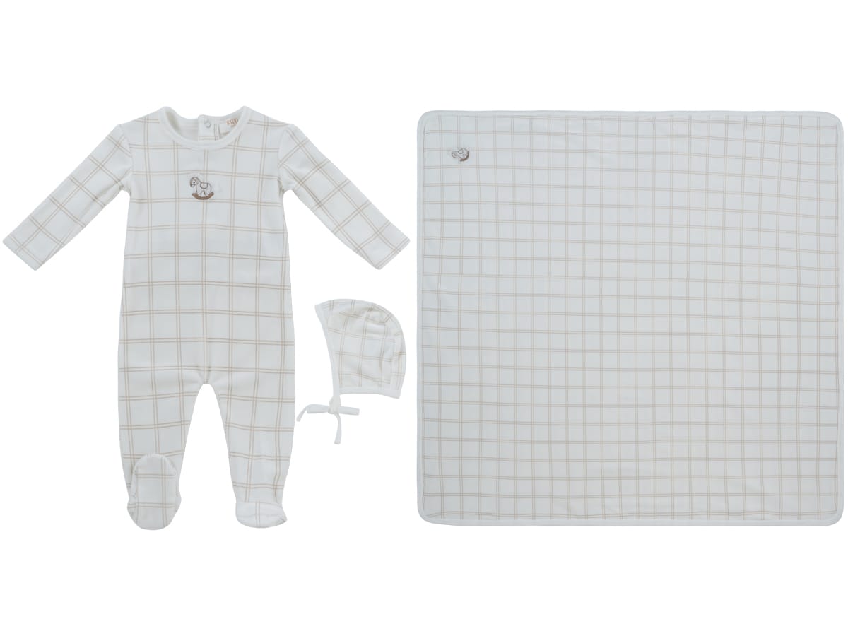 Whinny Plaid Footie, Hat & Blanket Set - Stone