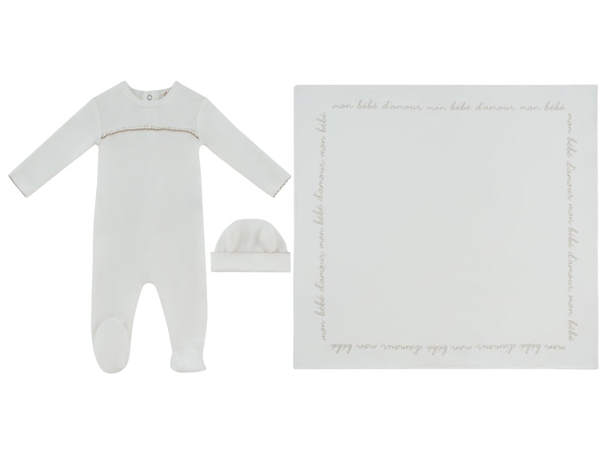 Mon Bebe D'Amour Footie, Hat & Blanket Set - Taupe