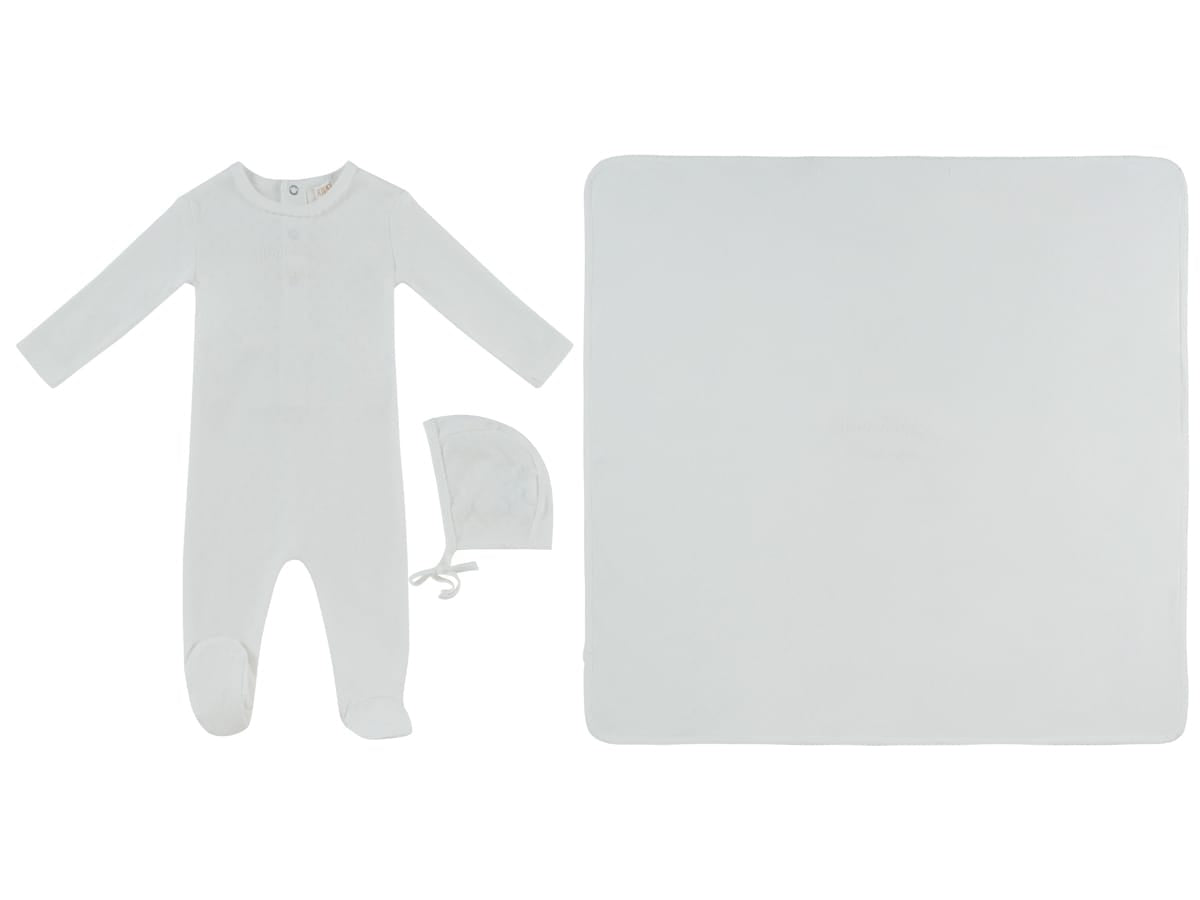 Mon Bebe Footie, Hat & Blanket Set - White