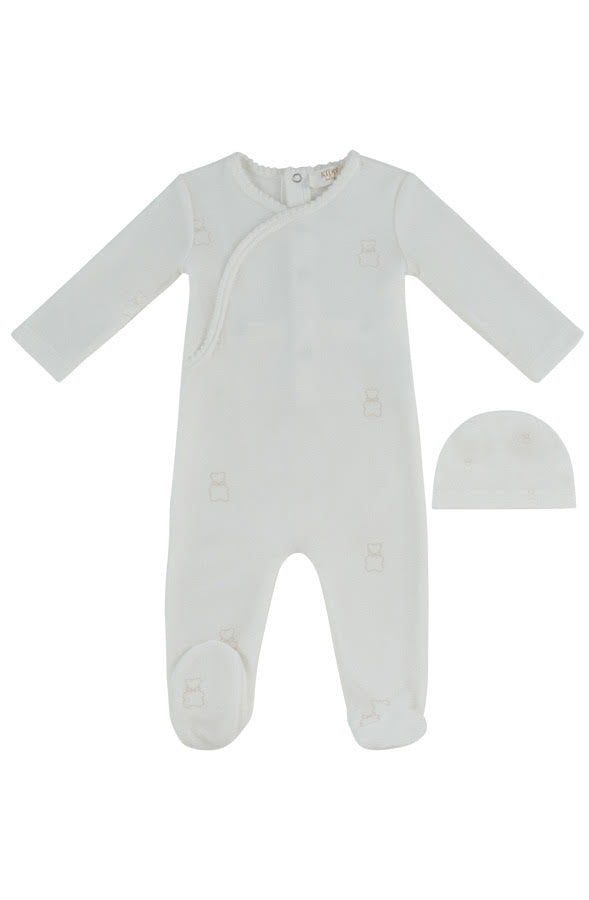 Petit Ours Pattern Footie + Hat - Stone